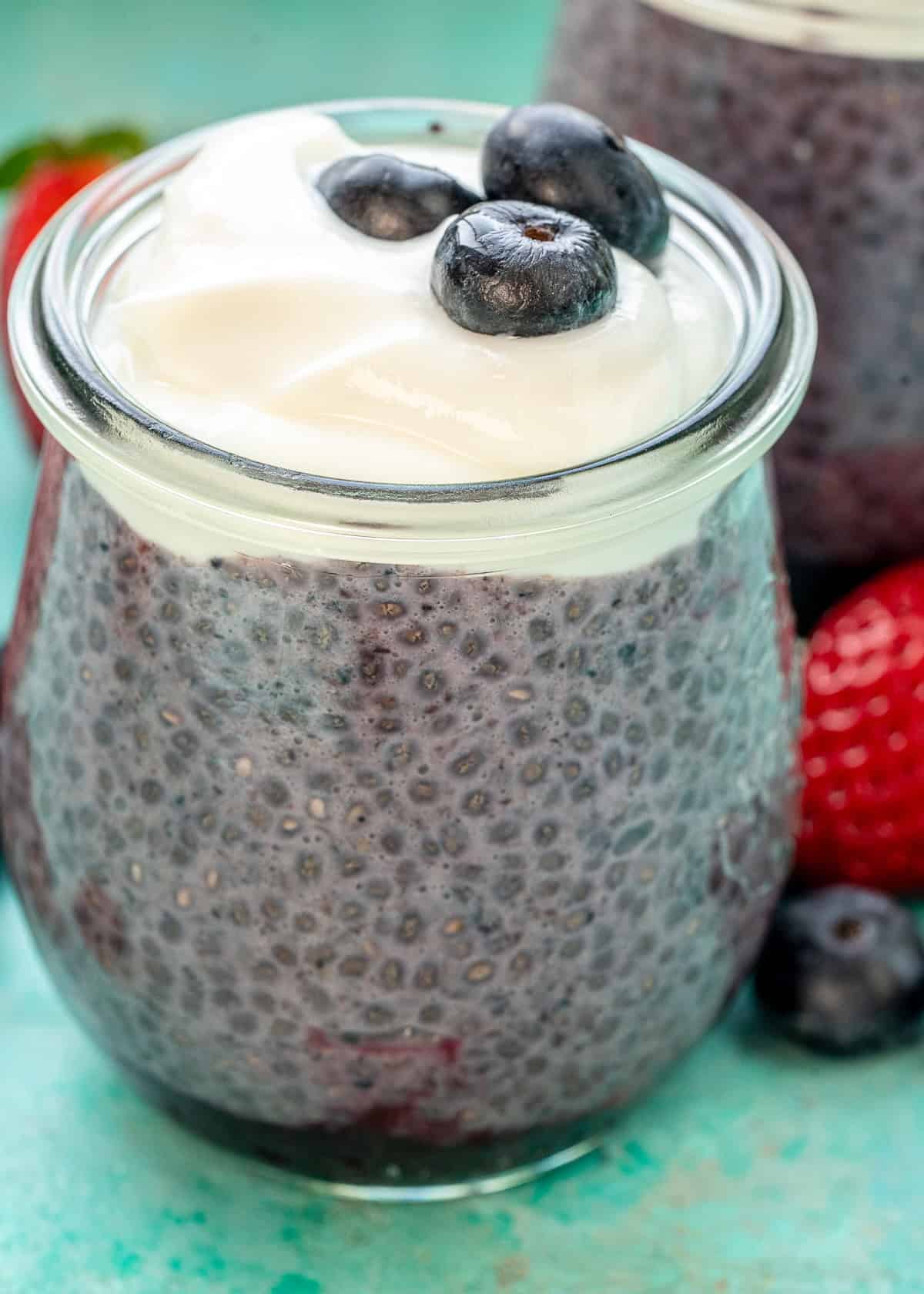 creamy Greek yogurt over wholesome chia pudding and blueberry sauce, garnished with blueberries